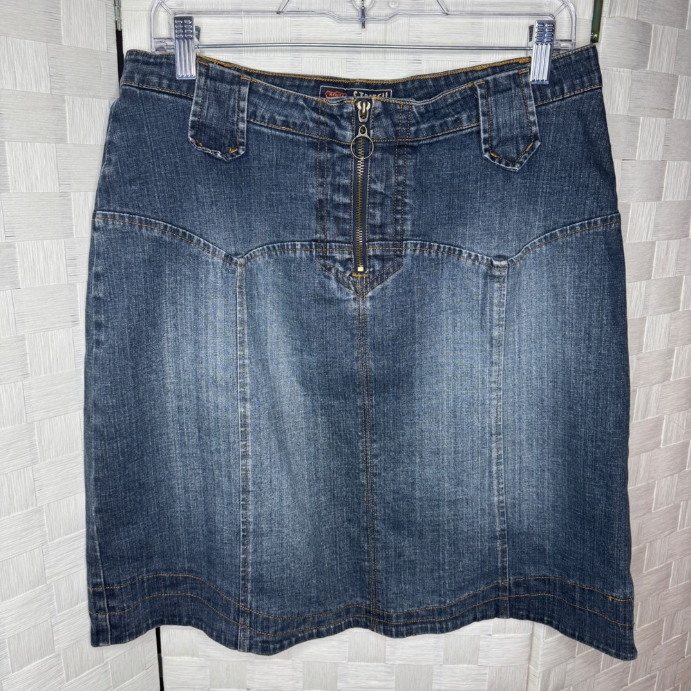 Route 66 Y2K Denim Skirt Ring Zipper Distressed Size 12 90s Boho Whimsy